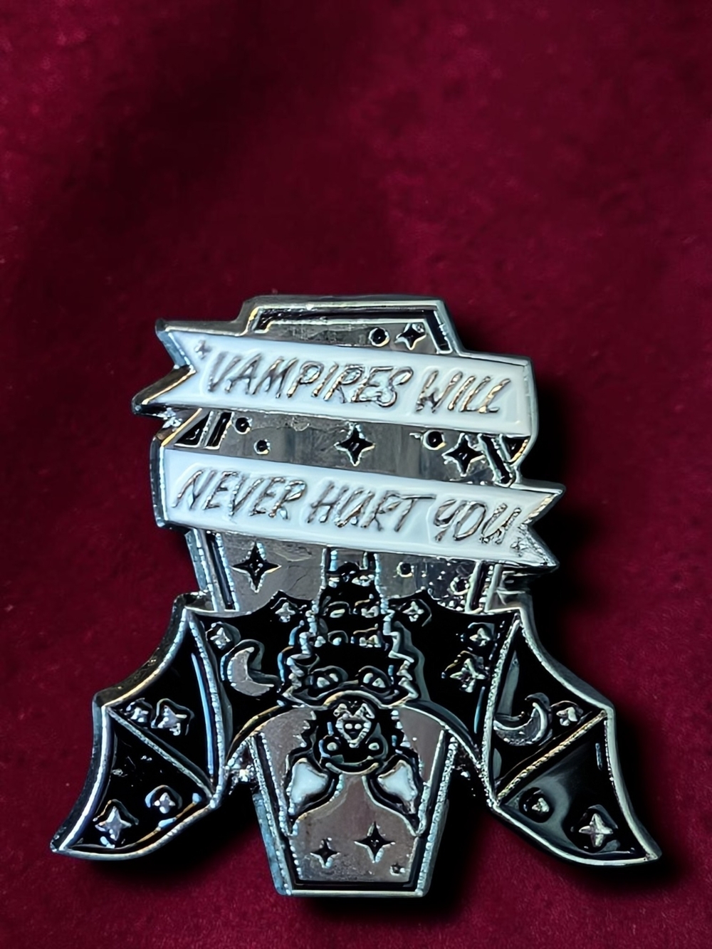 Bat & Coffin Pin 🦇⚰️ — “Vampires Will Never Hurt You” Black & Silver
